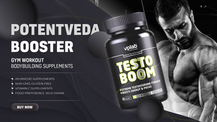 A high-contrast 16:9 graphic featuring a muscular model and a featured supplement bottle, using bold typography to deliver a direct product benefit.
